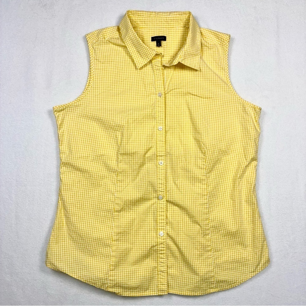 Talbots Button Up Sleeveless Blouse Women 16 Yellow Gingham Prairie Preppy